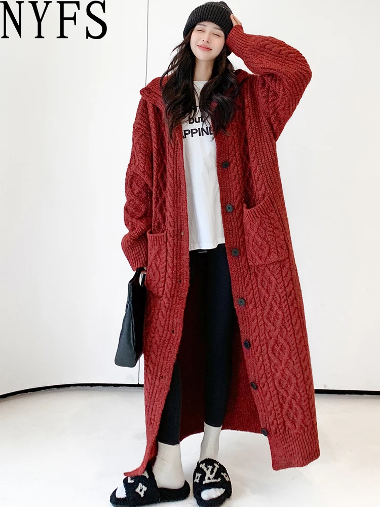 NYFS 2024 Winter New Korea Womens loose knitted Jacket Loose Temperament Long Sleeve Single Breasted Sweater Cardigan Coat