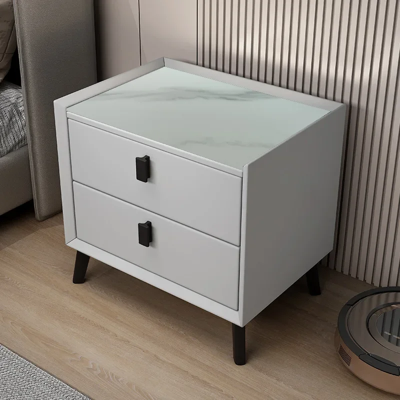 Nightstands Solid Wood Light Luxury Simple Modern Household Bedroom Rock Slab Bedside Table Nordic Soft Leather Storage Cabinet