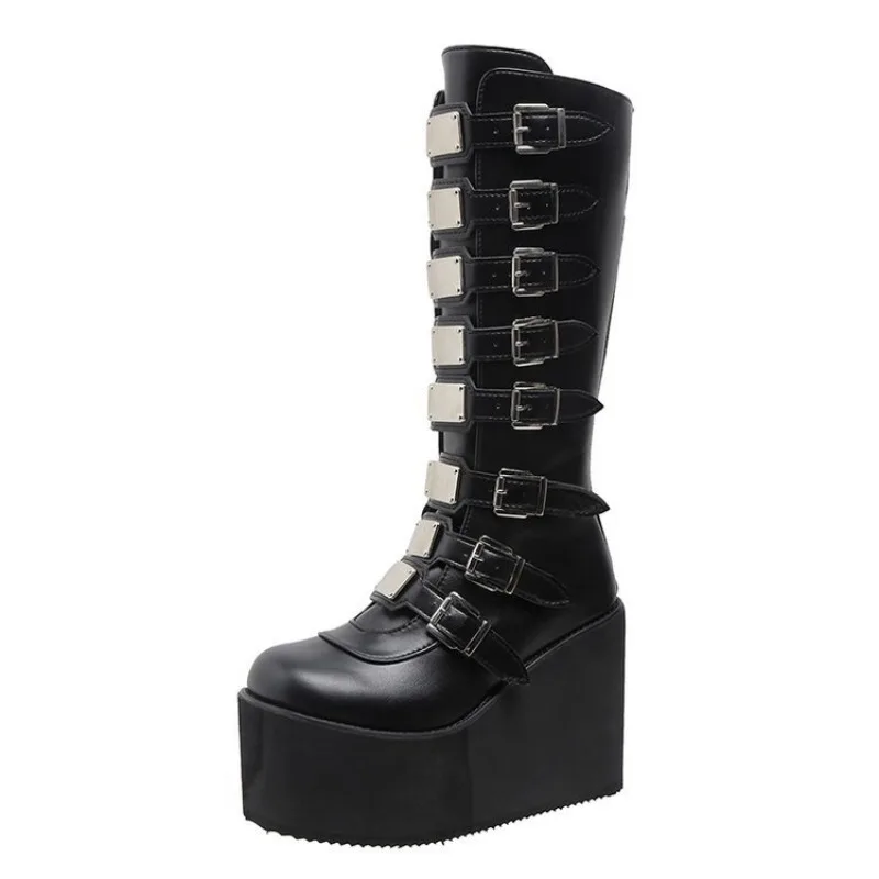 Gothic Style Cool Punk Motorcycles Boots Female Platform Wedges Calf Boots High Heels Cosplay Women Shoes Brand Botas De Mujer