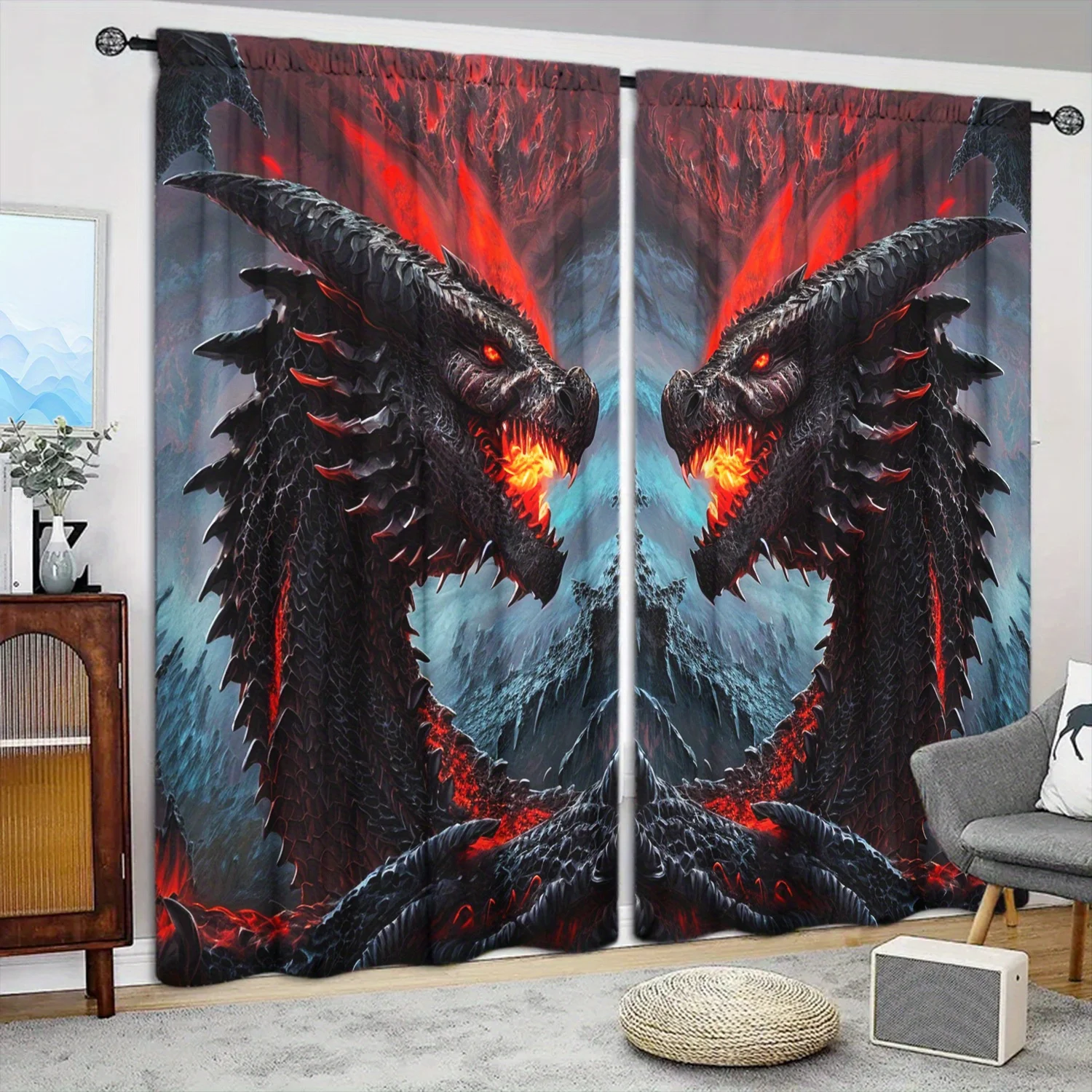 2pcs Fierce Dragon Semi-Sheer Curtains – Soft, Light-Filtering & Thermal for Bedroom, Living Room, Kitchen & Office Privacy