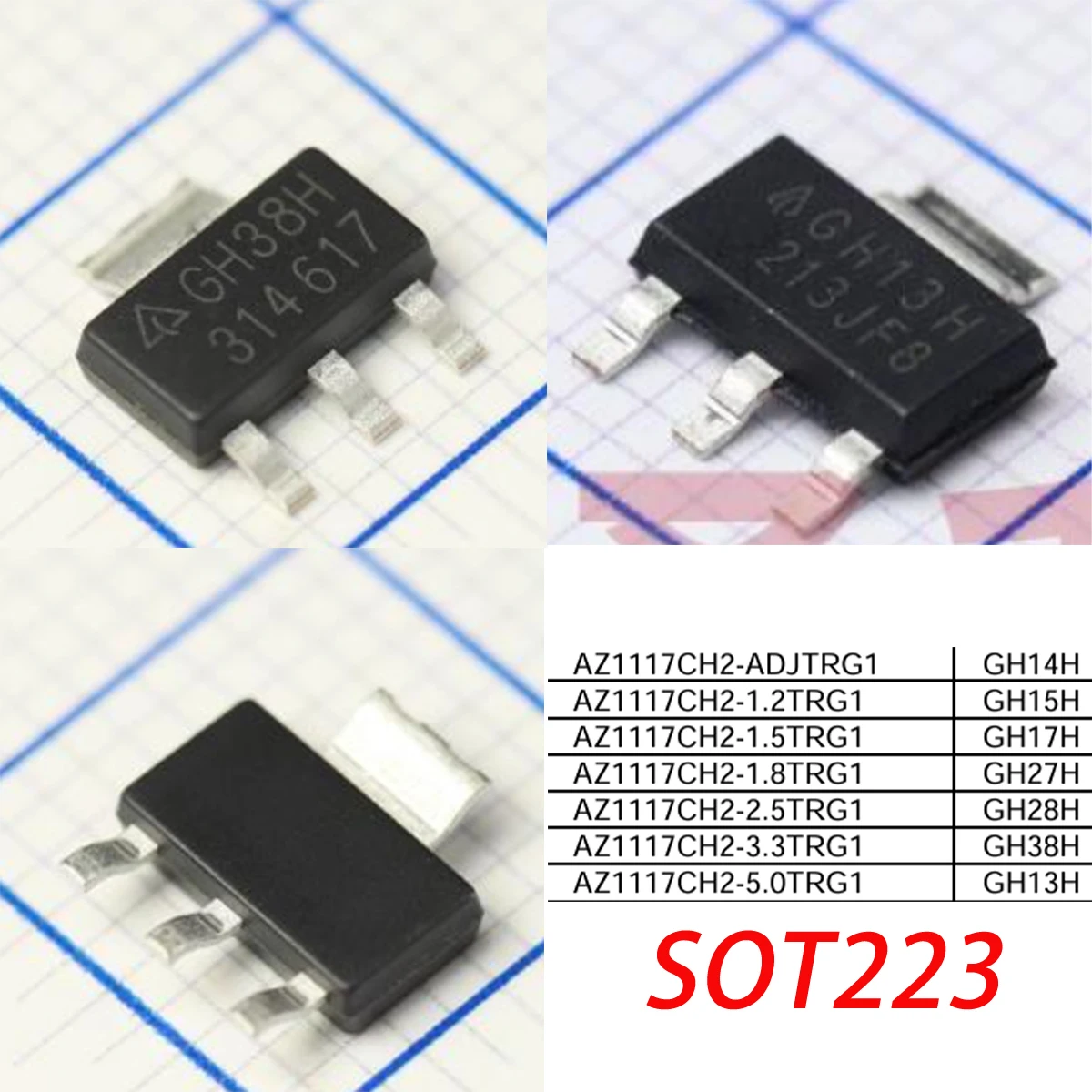 AZ1117CH2 Marking GH38H GH13H SOT-223 Original IC REG Linear Voltage Regulator LDO Fixed 15V 3.3V 5V AZ1117CH2 -3.3TRG1 -5.0TRG1