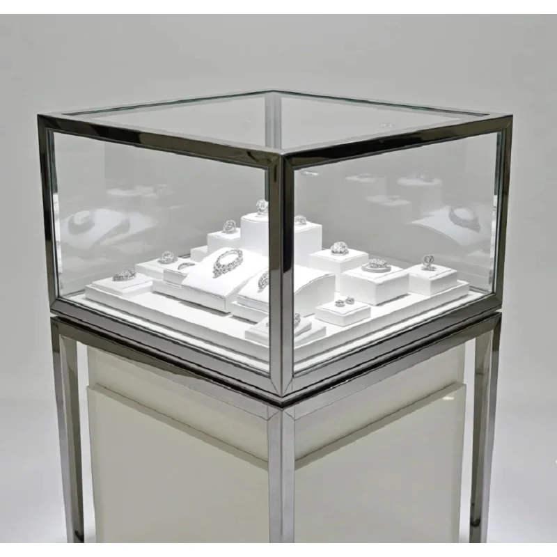 custom.Handcrafted Premium Jewelry Island Brushed Stainless Steel Tempered Glass LED Lit Organizer Lockable Base Luxury Watch