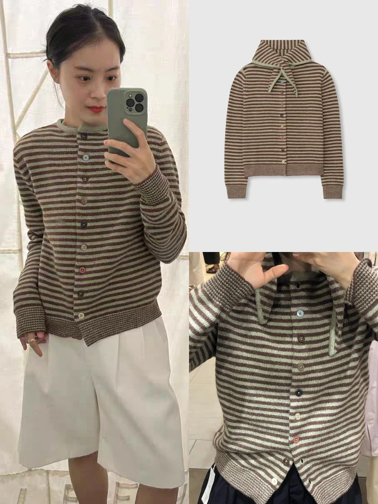 

East Gate Rabbit Ear Scarf Stripe Color Blo Knitted Cardigan Women Soft Vintage Sweater Long Sve round Ne Button up