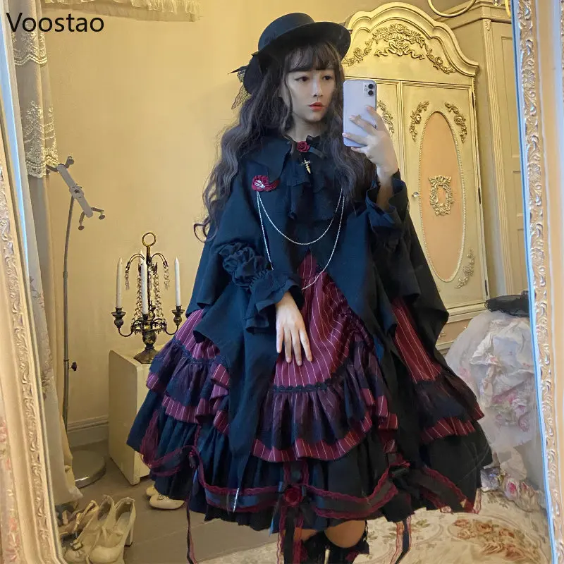 Vintage Victorian Gothic Lolita Dress Women Elegant Rose Halloween Shirt Woolen Cloak Dress Female Harajuku Y2k Party Dresses