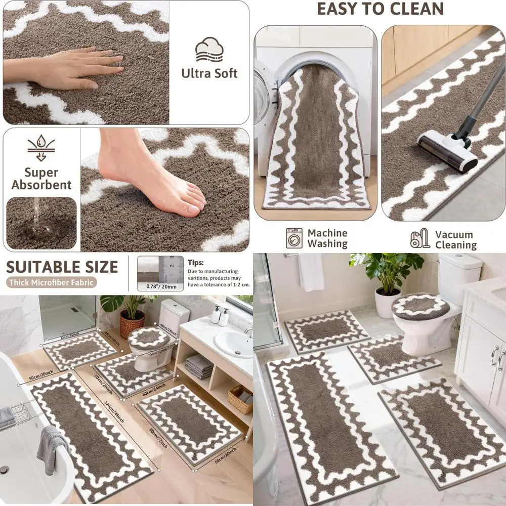 

5-Piece Scalloped Microfiber Bath Rug Set: Soft, Absorbent, Non-Slip Shaggy Mat with Runner, Toilet Rugs, and Lid Cover in Brown