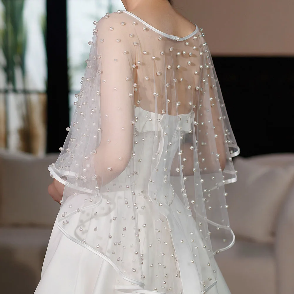 Elegant Scoop Collar Pearl Beaded Wedding Shawl Ribbon Edge Front Short Long Back Wrap for Wedding Accessories