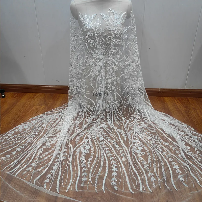 

White Nail Bead Pearl Glitter Soft Lace Fabric Wedding Dress Mesh Lace Dress DIY Clothing Accessories