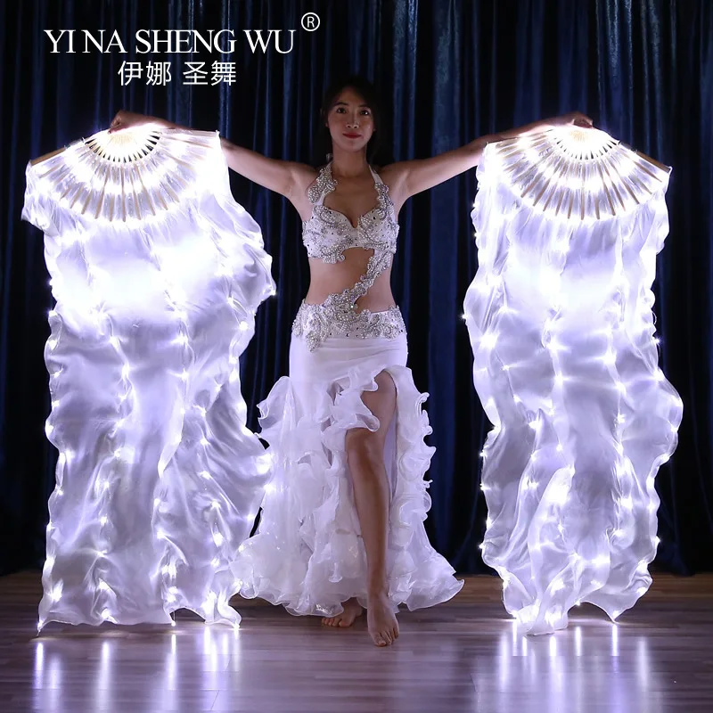 Akumulatorowe wachlarze LED z prawdziwego jedwabiu, jednoczęściowe, jedna para, praworęczne, leworęczne, 180 cm, akcesoria do tańca brzucha na scenę.