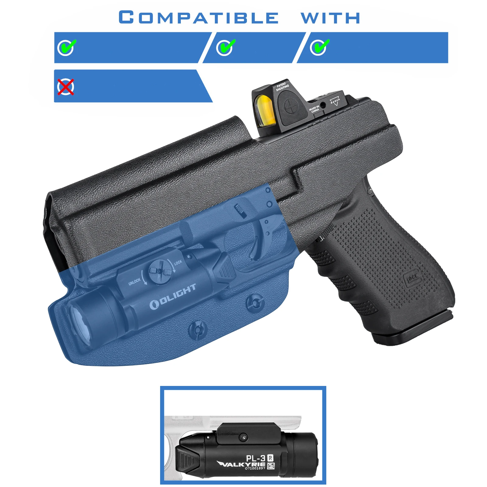 IWB Kydex Holster for Glock 17 19 19X 22 23 31 32 45 w/ Olight PL-2/ PL-Pro/ PL-3 PL-3R/3S Valkyrie Flashlight Concealed Carry