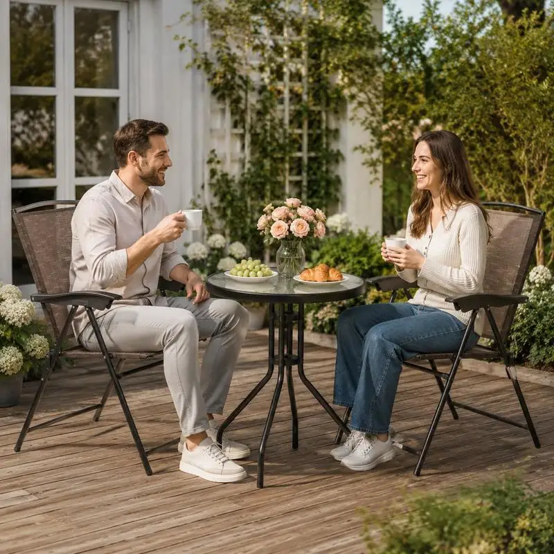 Salon de Jardin 3 Pièces Marron Chocolat, 2 Chaises Pliantes Réglables Inclinables et Table Ronde en Verre Trempé de Sécurité, Mobilier d'Extérieur Robuste, Confortable et Gain de Place pour Terrasse, Balcon, Patio, Jardin et Camping