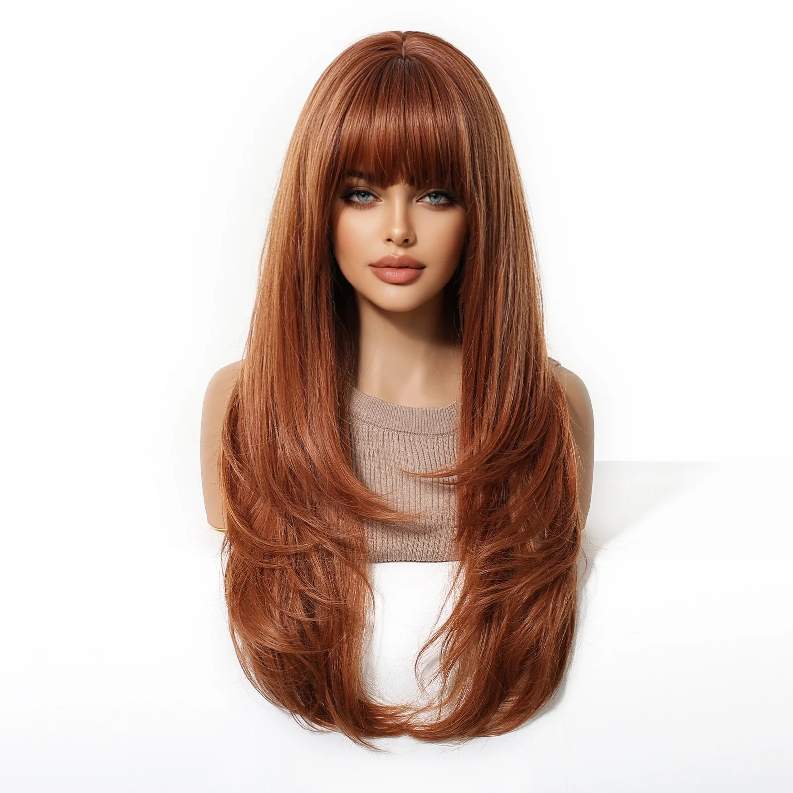 Long Copper Brown Synthetic Curly Wig for Women Auburn Wigs with Bangs Layered Straight Hair Natural Daily Heat Resistant