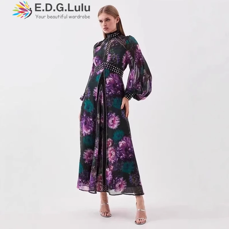 

EDGLuLu Designer Clothes Women Luxury Stand Collar Lantern Sleeves Long Dress Lace Patchwork Retro Floral Print Dress 1012