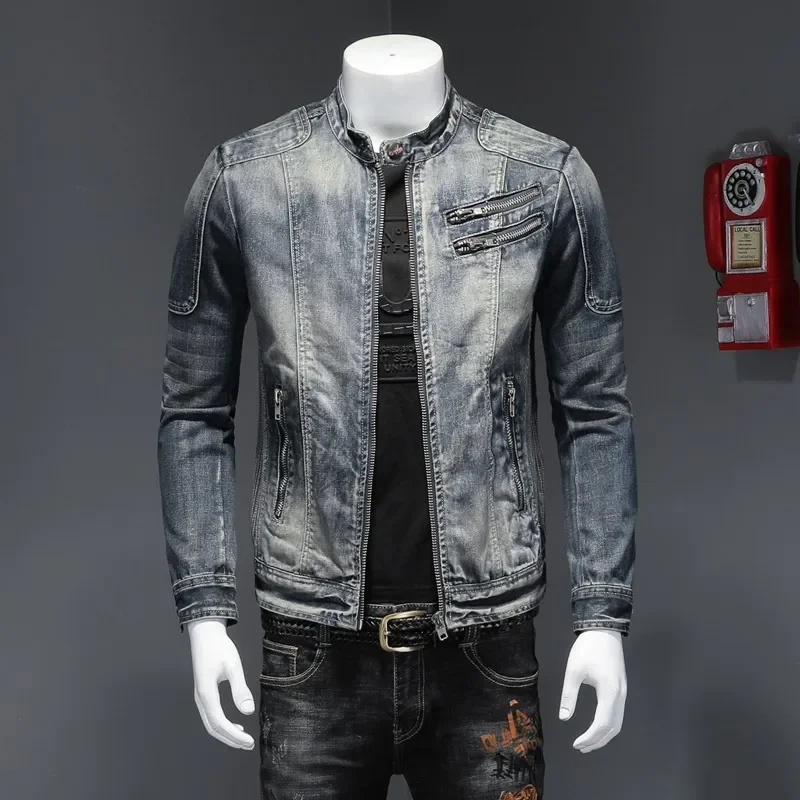 Military Denim Jacket Men Spring Autumn Motorcycle Slim Fit Cowboy Jackets Mens Vintage Wash Oblique Zipper Jean Coats Size 4XL