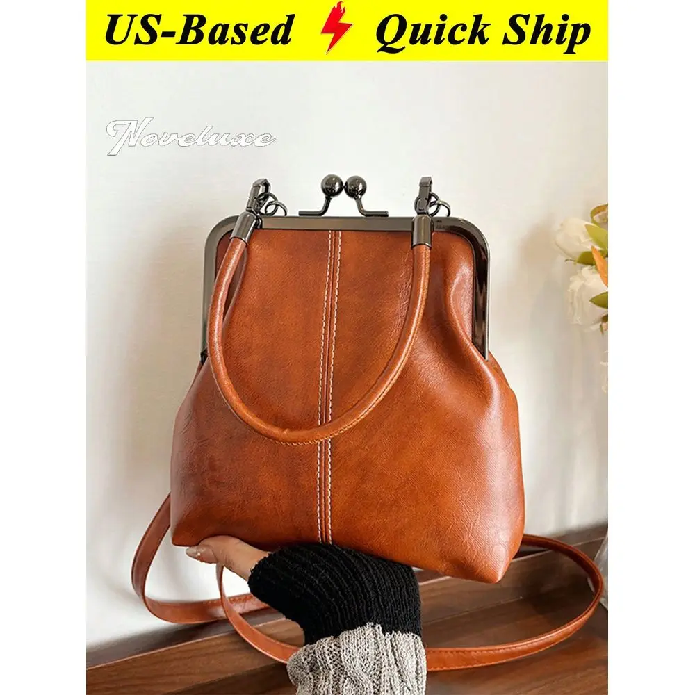 

Faux Leather Crossbody Bag For Women Small Retro Style Kiss Lock Handbag Fashion Solid Color Lightweight City Crossbody Bag Bea
