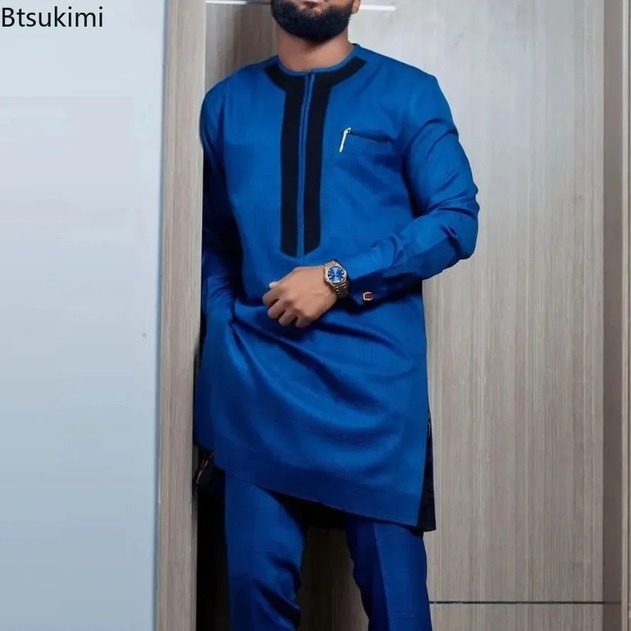 Męskie zestawy muzułmańskie na imprezy, wesela, tradycyjne stroje afrykańskie, 2-częściowe komplety męskie, jednolite garnitury z długim rękawem i spodnie.