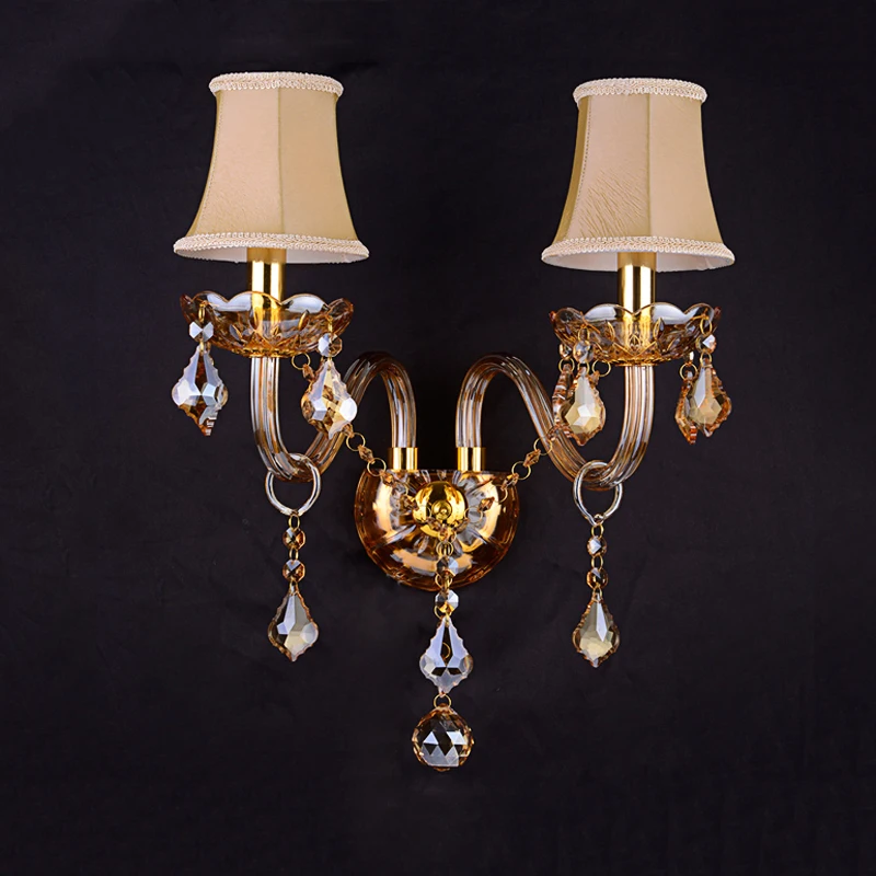 French Double Headed Crystal Wall Sconce European Amber Luxury Hotel Villa Bedroom Living Room Corridor Decoration Led Lights