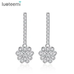 LUOTEEMI Zircon Round Bling Bling Flower for Women Fashion Hot Trendy Rhodium Plated Long Earrings Wedding drop Earring