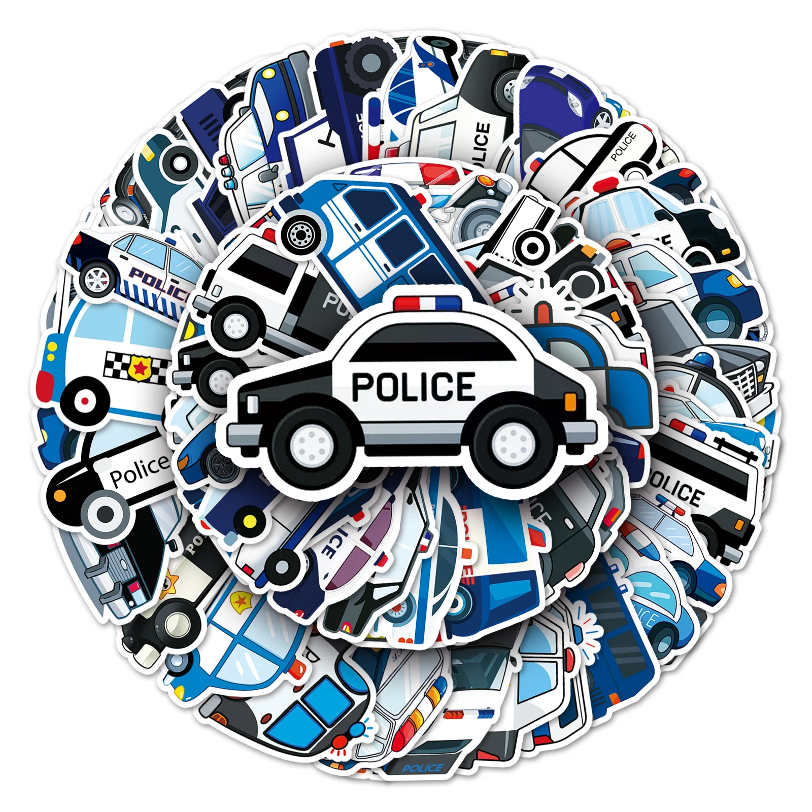 50Pcs Police Car Series Cartoon Cute Waterproof Sticker Skateboarding Snowboard Retro Vinyl Sticker