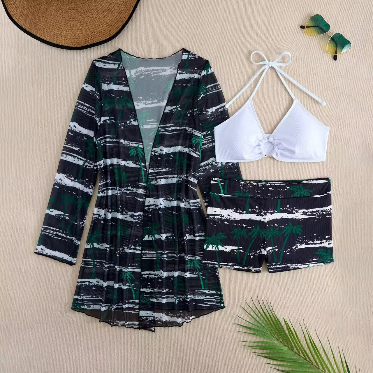 

New Print 3 Pieces Padded High Waist Bikini Set Swimsuit Women Swimwear with Kimono Beach Wear Ladies Bathing Suit with Shorts