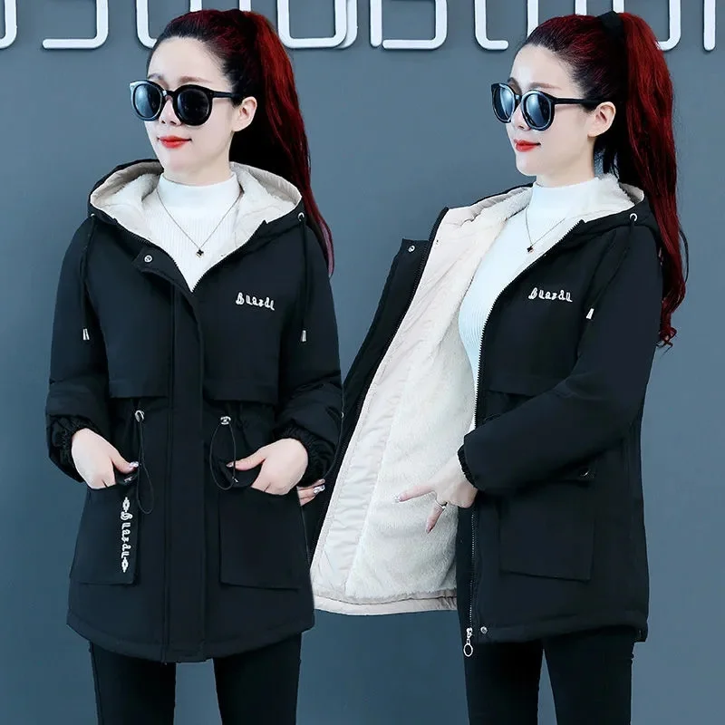 2022 New Winter Women Jacket Parkas Thick Velvet Warm Snow Coat Female Casual Hooded Cotton Padded Jackets Parka Outerwear