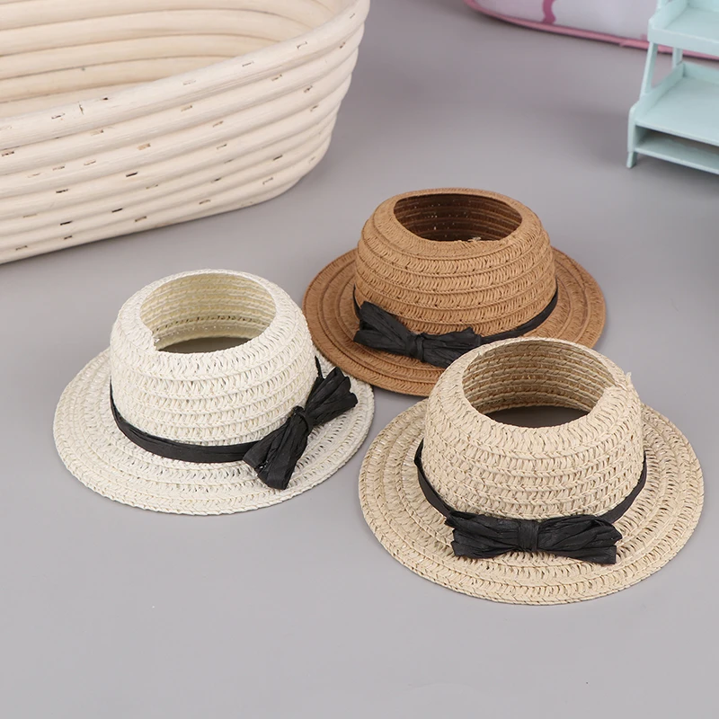 Kawaii Labubu Plush Doll Straw Hat Bowknot Weave Hat Simulation Mini Open Top Caps Doll Clothes Outfit Accessories