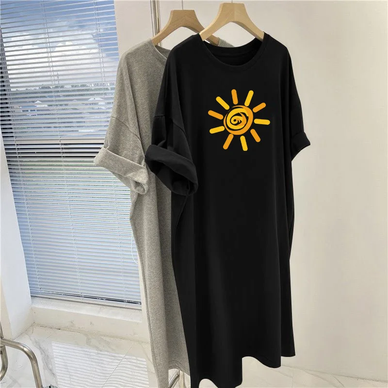 

Summer Y2k Basic Cartoon Printed Dresses, Casual Loose O-neck Knee Length Tunic, Women Clothing Vintage Pullovers Dress