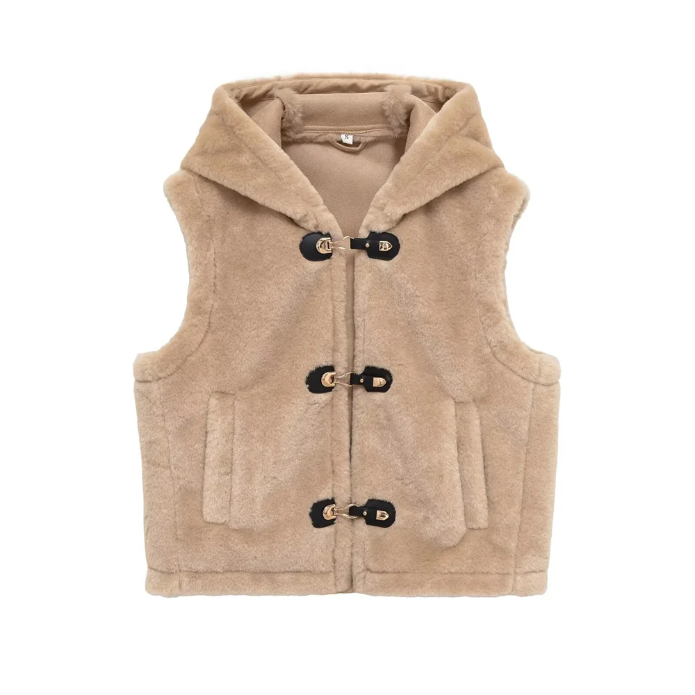 

Autumn and winter new women's casual pocket hooded sleeveless rope buckle decoration fleece vest vest vest vest jacket
