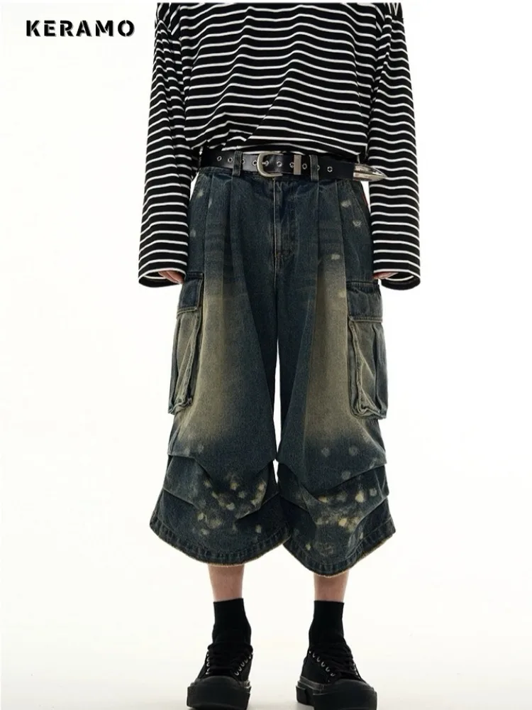 American Retro Street Washed Mid Long Jeans tasche Hip-hop Baggy pantaloncini oversize pantaloncini Casual Y2K Grunge da donna