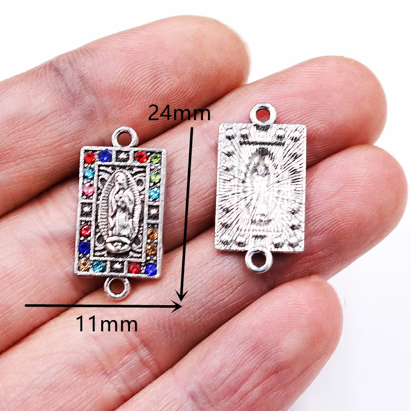 12pcs Silver Plated Handmade Colored Rhinestone Catholic Virgin MariaTag Cross Church Connectors DIY Charm Jewelry Crafts Making