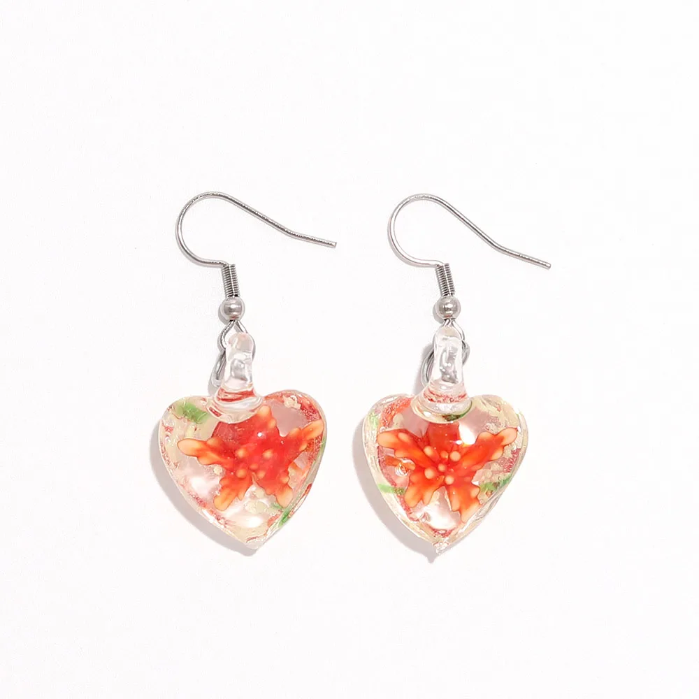 Qianbei Womens 2025 Handmade Noctilucent Heart Murano Lampwork Glass Mix Color Women Flower Glass Earrings Summer Vocation gift