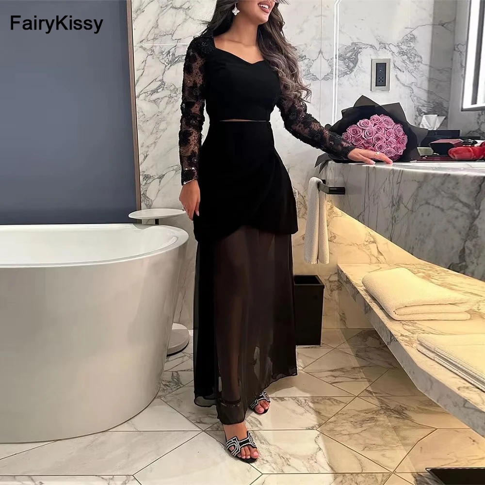 

FairyKissy Saudi Arabia Black Evening Dresses Long Sleeves Satin Mermaid V Neck Formal Occasion Prom Dresses