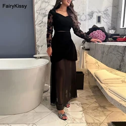 FairyKissy Saudi Arabia Black Evening Dresses Long Sleeves Satin Mermaid V Neck Formal Occasion Prom Dresses