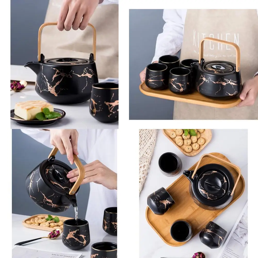 

Japanese-Style Marble Porcelain Tea Set with 4 Cups and Bamboo Tray, 6.7 Oz Capacity (Black)