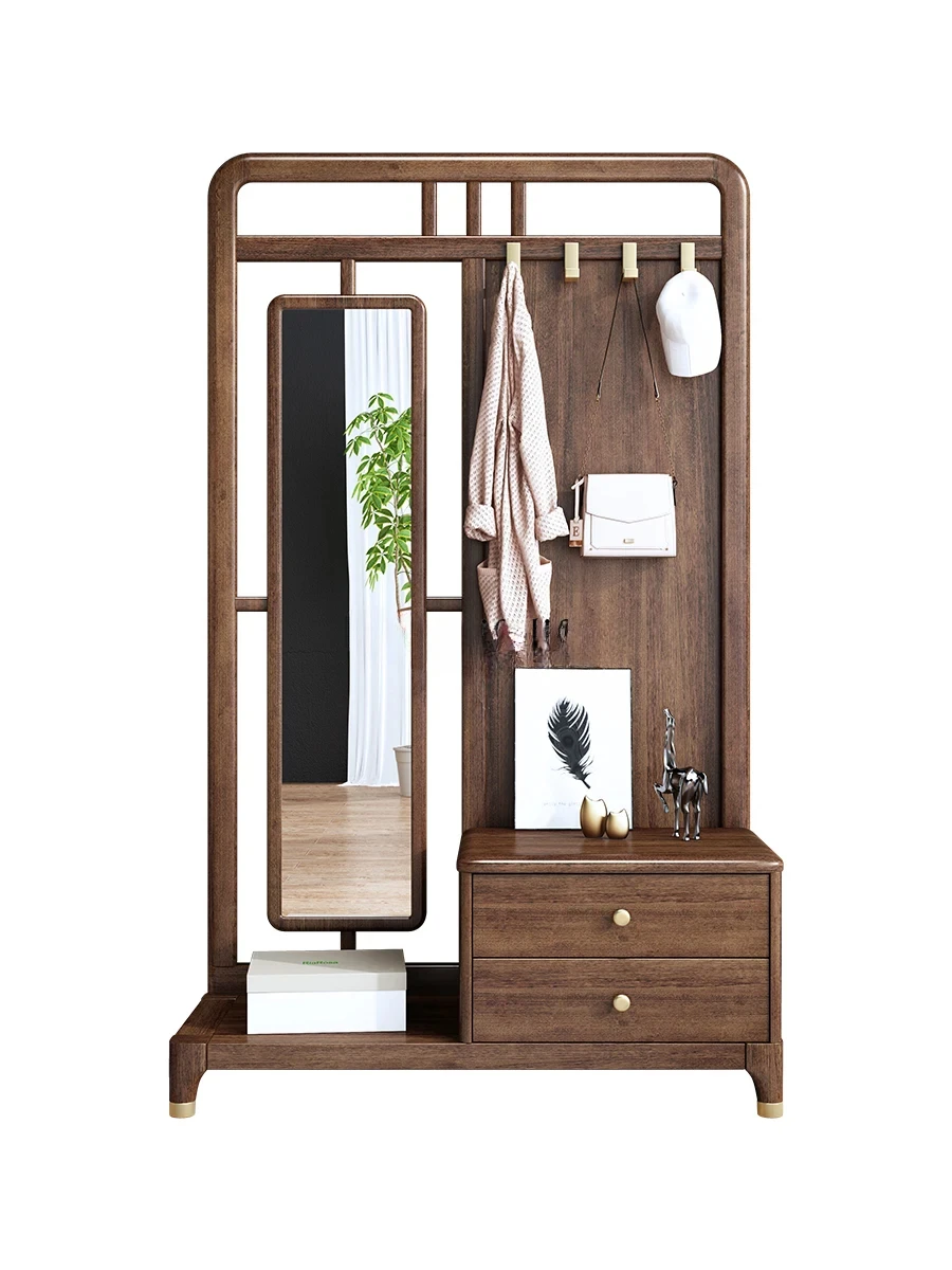 

New Chinese Style Solid Wood Coat and Hat Rack Floor Hanger Clothes Light Luxury Entrance Bedroom Storage Mirror