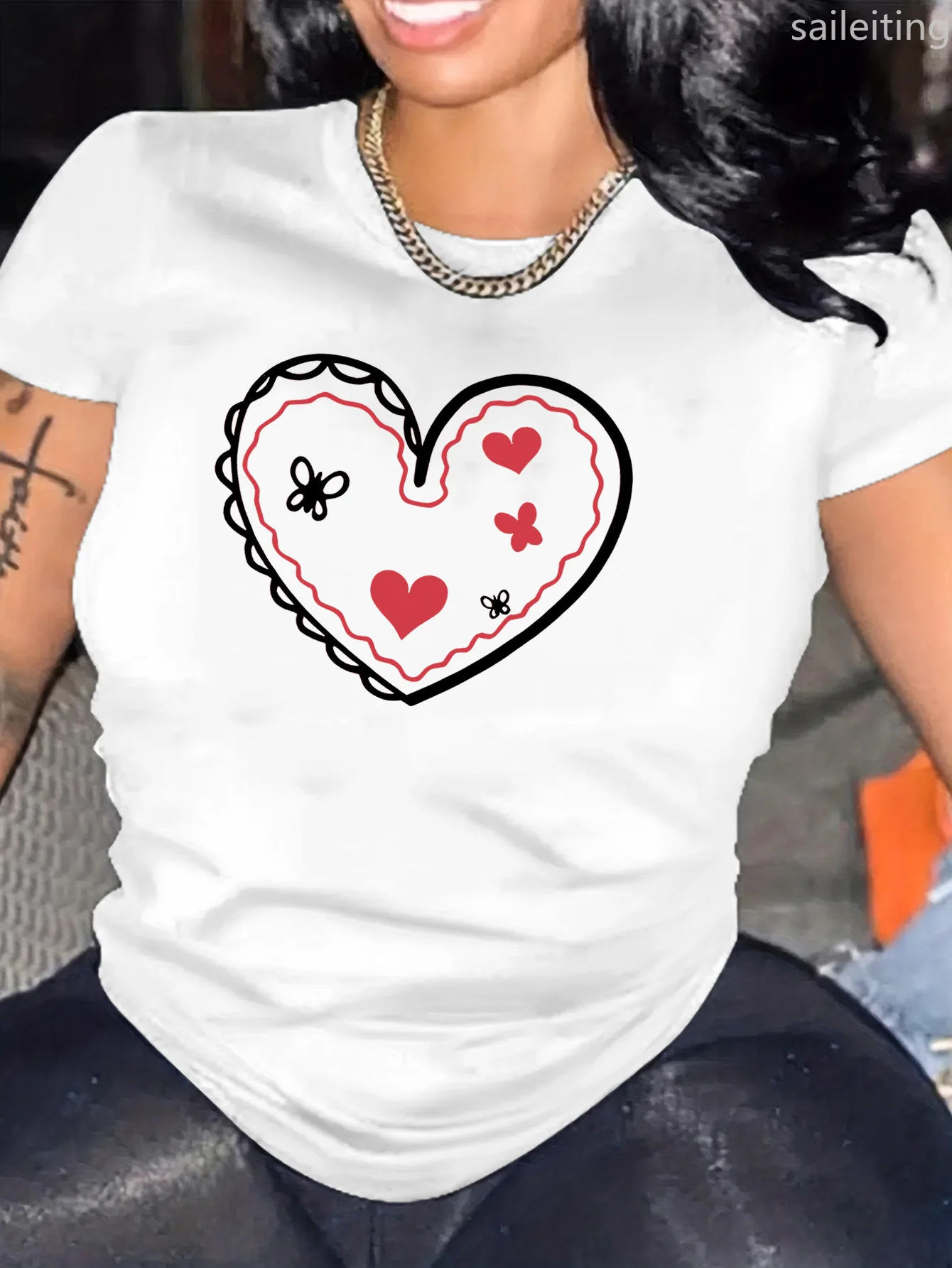 Coeur et papillon imprimé été femmes col rond manches décontracté mode été doux confortable vêtements vêtements esthétiques