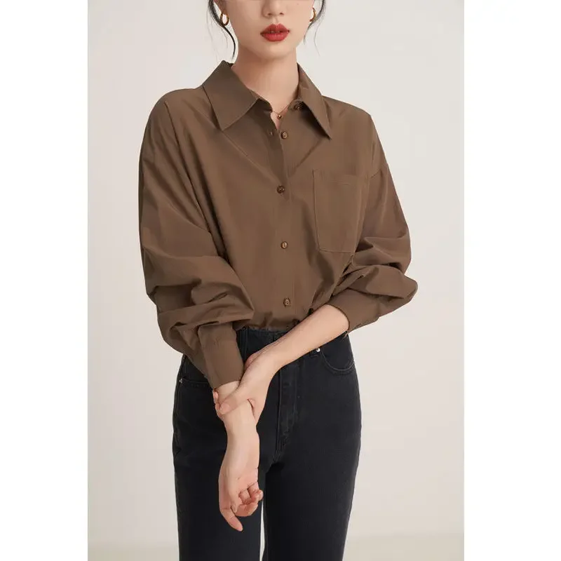 Deeptown Vintage Brown Shirts Women Blouses Office Wear Long Sleeve Elegant Ladies Casual Korean Fashion Loose Autumn Shirts