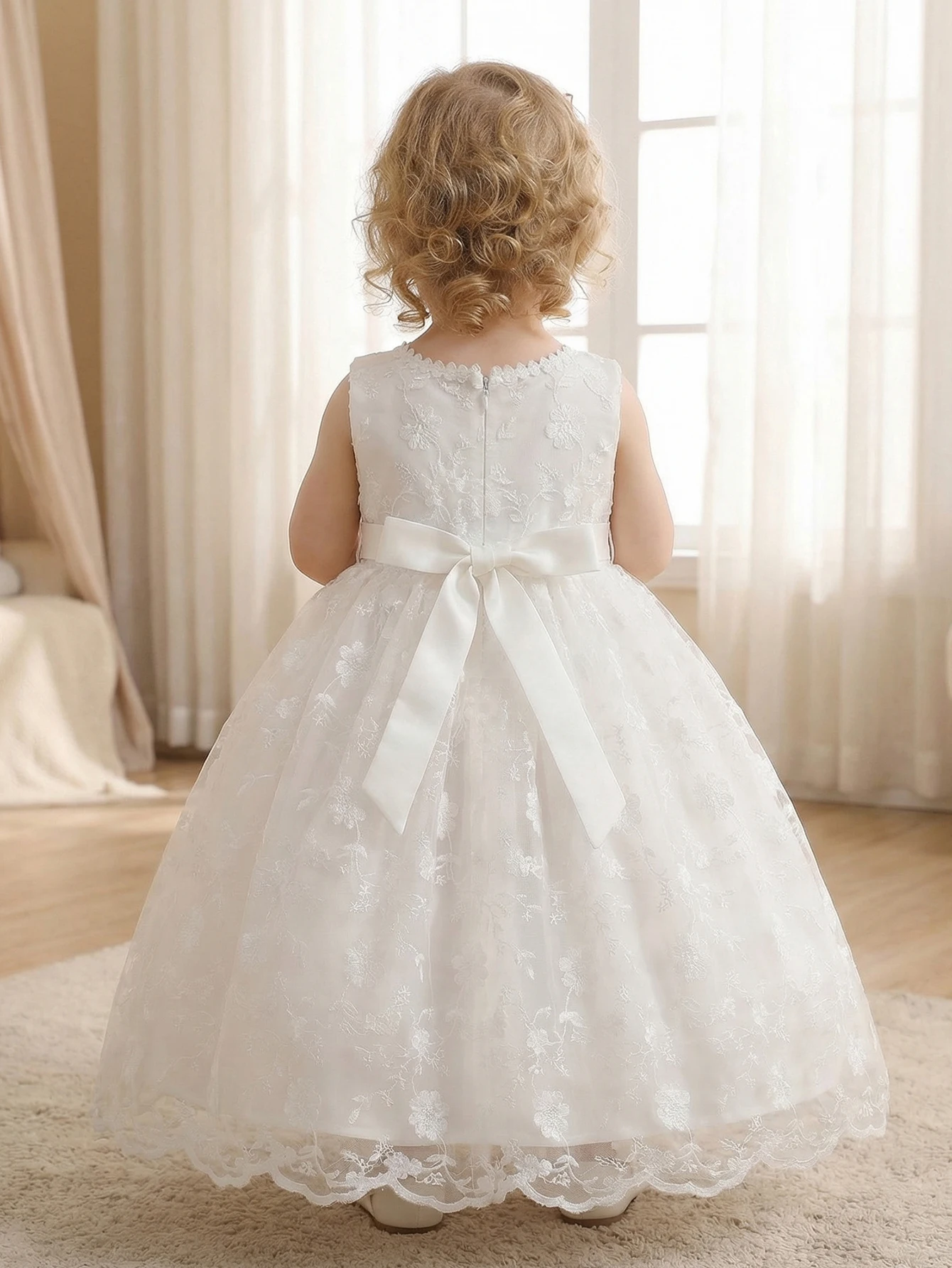Elegant White Sleeveless Long Dress for Baby Girls Designed for Baptisms,Banquets,Special Occasions Featuring Floral Embroidery