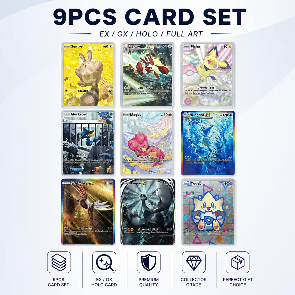 Conjunto de 9 Cartas Holo PTCG Full Art, Coleção de Cartas Raras Scizor, Kingdra, Lugia, Togepi, Pichu para Colecionadores