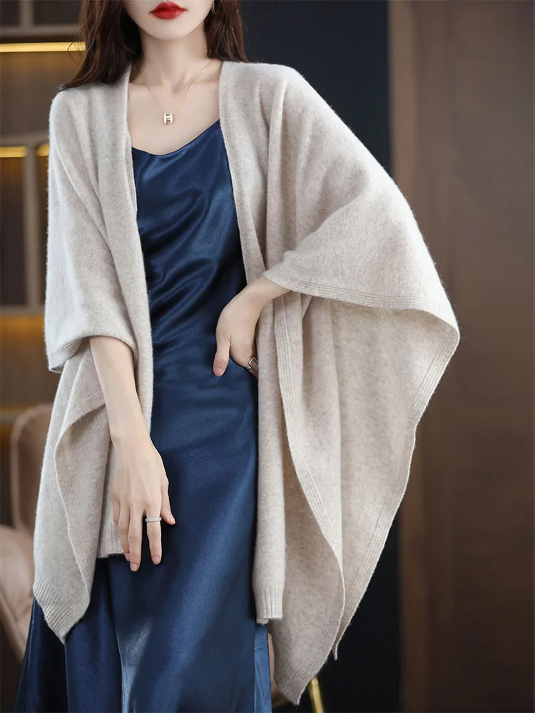 Women\'s Medium-Length Wool Cloak, Sleeveless Shawl, Cashmere Cape, Korean Version, Casual, Spring, Autumn, High-Quality