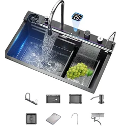 Kitchen Sink Digital Display Embossed Large Single Groove honeycomb Nano Raindance Waterfall Sink 29.5 INCH