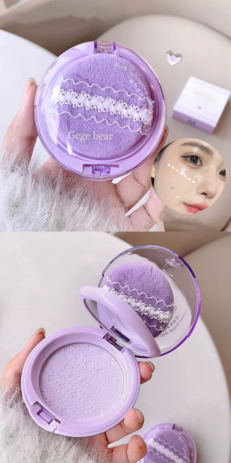 Description Picture 3 of itemPurple Translucent Setting Powder Makeup Waterproof Oil Control Natural Matte Clear White Loose Face Pressed Powder Makeup Girls