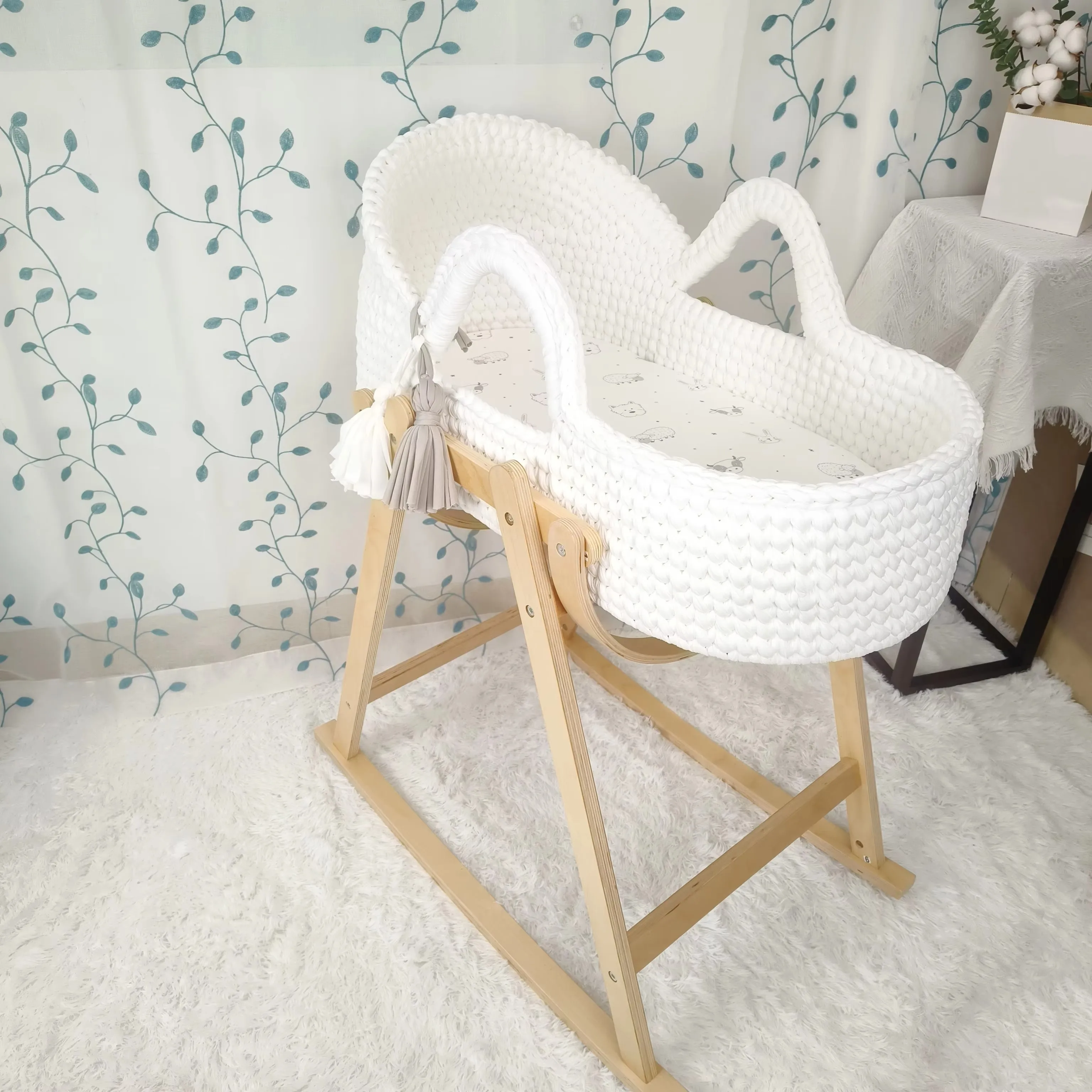 Handwoven Beige Baby Cradle, Crochet Bassinet, Portable Moses Basket, Newborn Lounger, with Wooden Stand and Soft Mattress