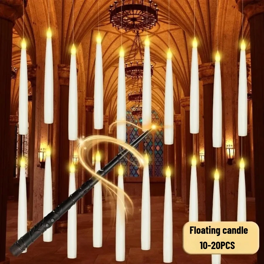 10-20PCS LED Floating Taper Candles Set with Magic Wand Remote Control and Fishing Line for Ceiling Hanging Halloween Christmas