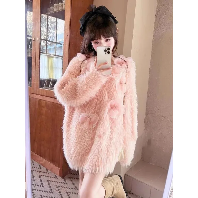 Autumn Winter Fluffy Sweater Soft Faux Mink Pullover Warm Thick Loose Beaded Floral Knit Top Long-sleeved Streetwear Y2K Clothes