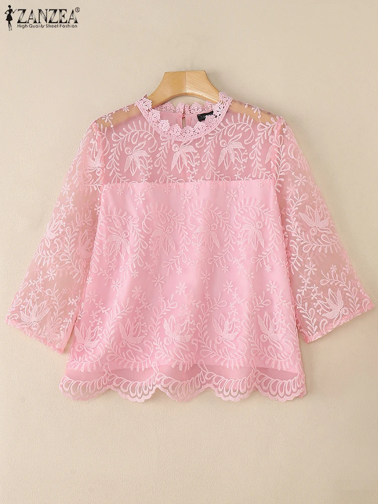 Zanzea outono blusa moda elegante férias rendas crochê camisas femininas o pescoço manga curta bordado topos casual trabalho blusas