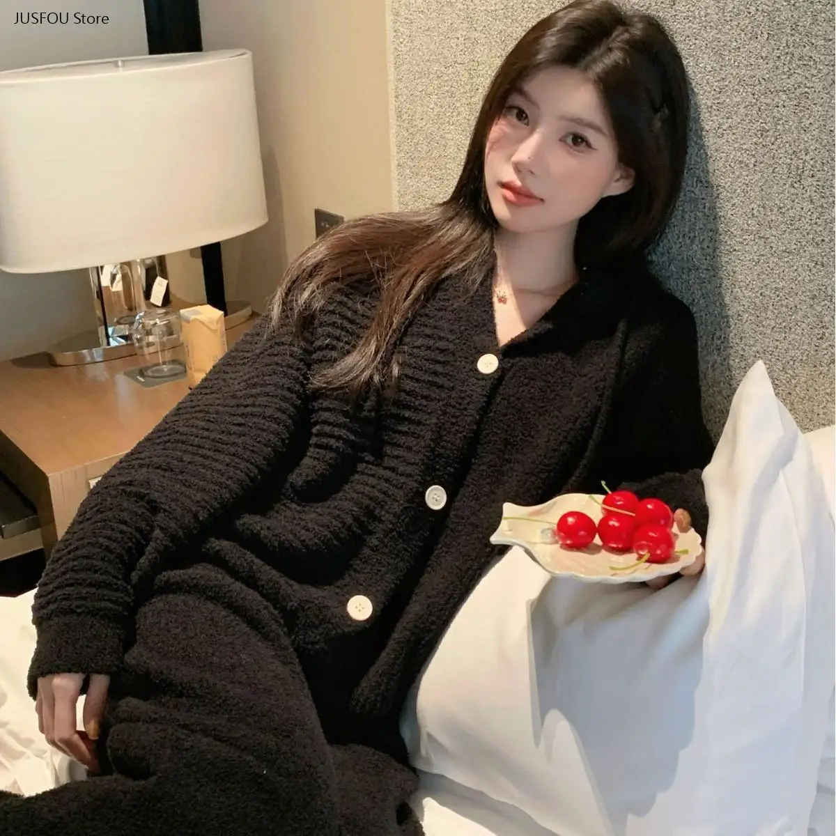 2026 Autumn Winter Half Sided Fleece Hooded Pajama Set Women Thick Warm Long Sleeve Soft Casual Loungewear Sleepwear Suit