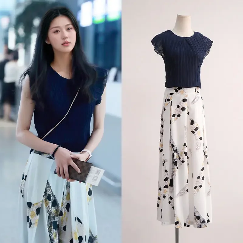 

Hanxue Same Style Summer New Navy Blue Chiffon Vest Top + Skirt Pants 2 Piece Fashion Set