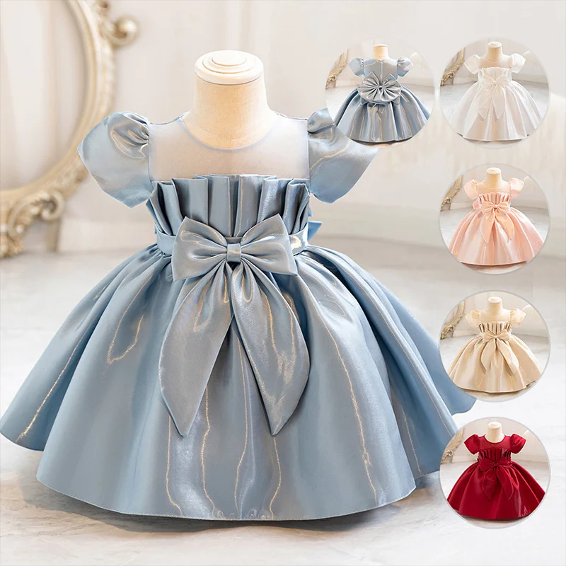 

Kids New Solid Color Big Bow Bubble Sleeve Princess Dress for Girls Sweet and Cute Dress for Kindergarten Family Gatherings