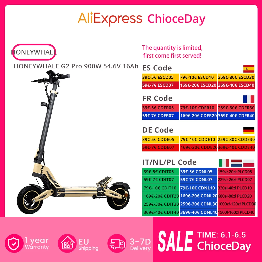 Honey whale G2 Pro Elektro roller 900W 54,6 V 16Ah Batterie 40 km/h Höchst geschwindigkeit 45km