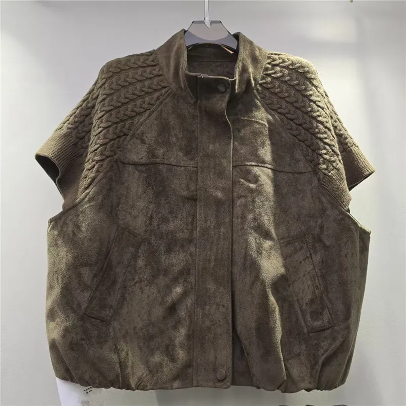 Clothland Women Retro Spliced Suede Vest Jacket Sleeveless Knitting Patchwork Waistcoat Female Chic Coats MA194